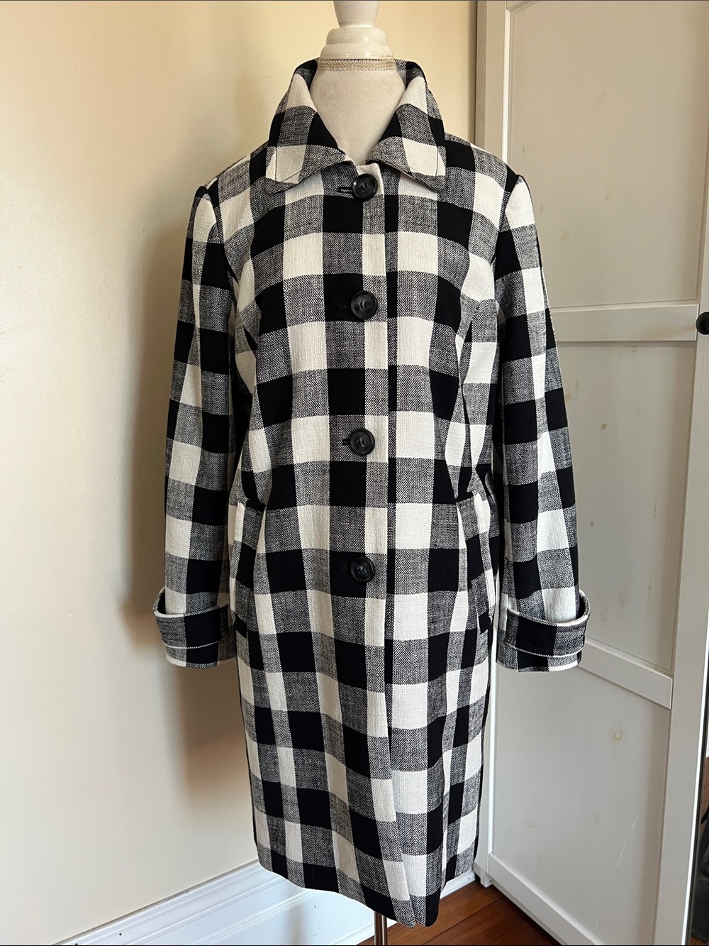 Talbots Buffalo Plaid Cotton Linen Trench Coat Jacket Black White Large L